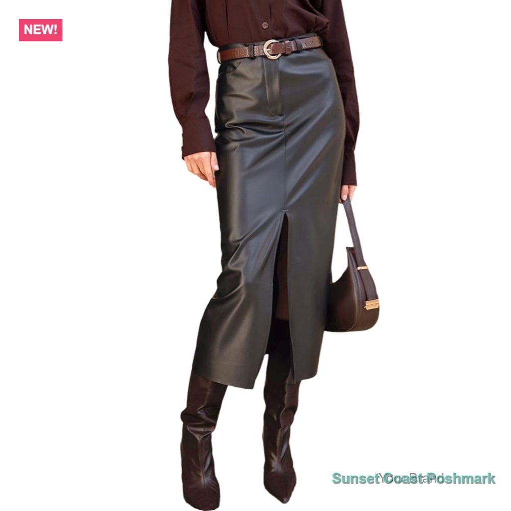 Faux Leather Pencil Skirt High Waist Split Retro Maxi